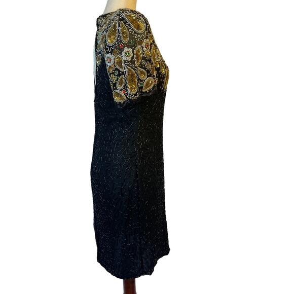 Laurence Kazar Vintage 80s Heavily Beaded Silk Cocktail Dress MP - Picture 6 of 16